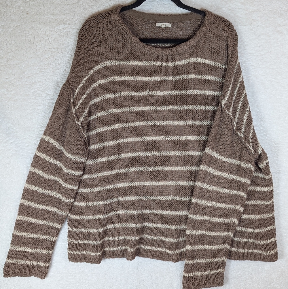 easel Taupe & Cream Striped‎ Scoop Neck Sweater
